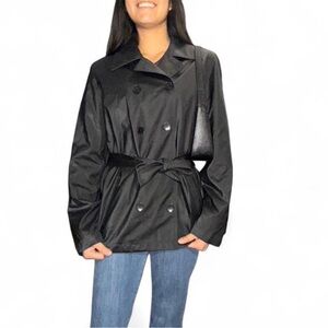 Black polyester trench coat with belt.